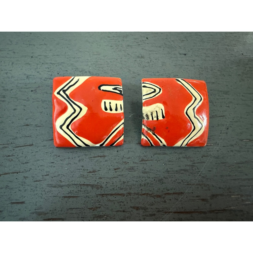 Vintage 80s Ceramic Square Post Earrings Orange Memphis Style Geometric Studs